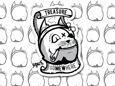 Treasure Cat B/W art black white cat illustration pirate tatto vector