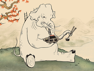 Japanese Style Elephant Eating Sushi elephant ipad japan japanese maple mural pencil procreate sushi