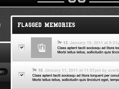 Flagged Memories admin app dark dashboard grey ui web