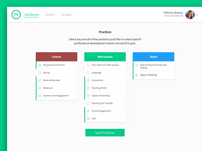 Selecting Practices checkboxes dashboard literacy onboarding selection sign up wizard