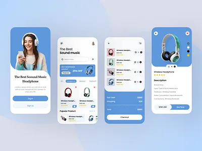 Headphone Products App audio blue clean controller design gradient headphone icon interface minimal mobile simple sleek ui ui design ui ux user experience ux volume white