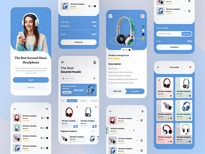 Headphone Products App audio blue clean controller design gradient headphone icon interface minimal mobile simple sleek ui ui design ui ux user experience ux volume white