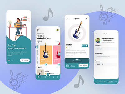 Mobile App for Fender Guitars // Concept app design audio card dark dashboad gibson guitar pick instruments ios les paul mobile app music shop typoraphy ui ux