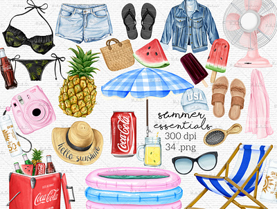 Set Of Digital Illustrations of Summer Essentials clipart digital clipart digital illustration digital watercolor digital watercolor illustration illustration invitation graphics png pool party poolparty summer beach summer essentials summer graphics summer wardrobe tropical summer watercolor watercolor clipart watercolor graphics watercolor summer clipart watercolor summer illustration