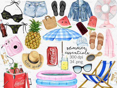 Set Of Digital Illustrations of Summer Essentials