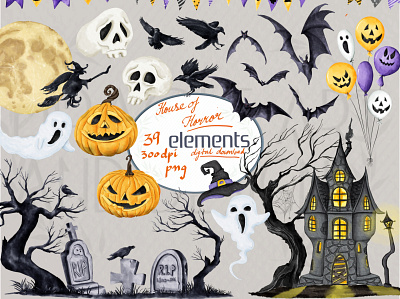 Collection of Digitally Illustrated Halloween Elements bat clipart digital clipart digital illustration digital watercolor illustration ghost clipart graphics halloween party invitations halloween trees halloween wall art illustration png spooky balloons clipart spooky haunted trees spooky house watercolor clipart watercolor graphics watercolor halloween clipart watercolor haunted house clipart watercolor tombstone clipart