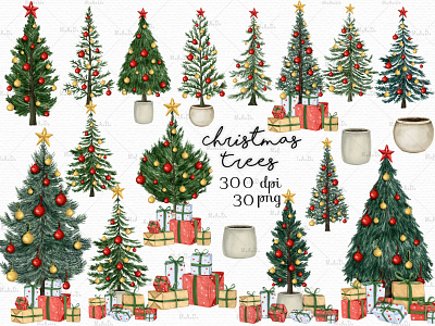 Collection of Christmas Trees christmas decor christmas gift tags christmas gifts christmas greetings christmas party invites graphics clipart decorated christmas trees digital clipart digital illustration digital watercolor illustration graphics illustration party invitation pine trees png watercolor watercolor christmas watercolor clipart watercolor graphics