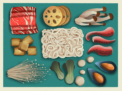 Time for hotpot :9 asian beef detailed food food art hotpot illustration mushroom noodles poster still vegetables