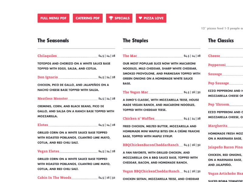 Dimo's Pizza Menu chicago details grid hierarchy layout list menu overlay pizza restaurant website