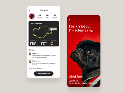 Profile - Day 06 #DailyUI 🐶 dailyui dailyui006 din floating button profile profile page pugs quotes red roboto running app sports ui uiux