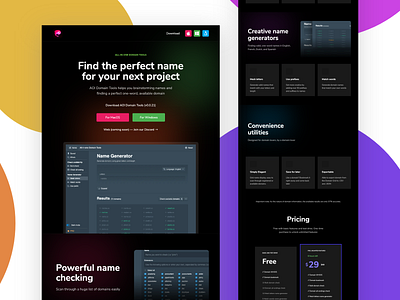 Landing page for app business dark mode indie app landing page web design