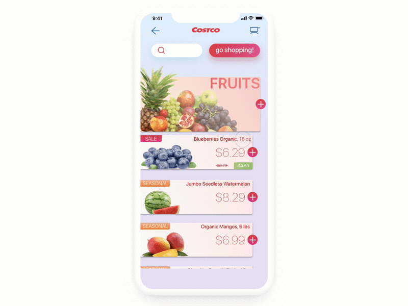 Costco Go - Choose featured items animation browse costco expand fresh grocery iphone x life style mobile navigate principle shopping supermarket