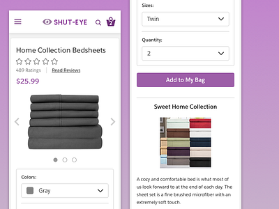 Shut-Eye: Mobile Product Page bed ecommerce mobile product shopping ui ux website