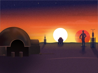 Tatooine art color design drawing dribbble exploration gradient hero illustration minimal planet robot sketch space starwars sun sunset tatooine vector website