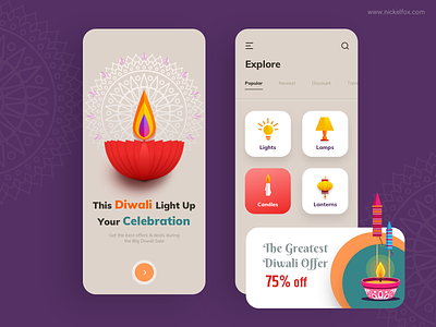 Diwo app Concept 3d art branding candles card clean color design diwali diyas exploration icons illustration logo minimal sale simple trending ui vector
