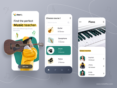 Classfly - Music app concept app design beats education guitar instruments knowledge learn music learning mentor minimal mobile app music music app musical instrument piano sound spotify stream trending ui