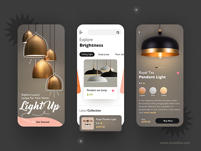Light Up App Concept app art branding card color design e-commerce exploration furniture gold illustration interior lights minimal night lamp premium rich shopify ui user interface