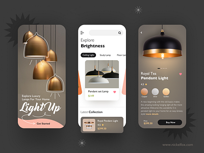 Light Up App Concept app art branding card color design e commerce exploration furniture gold illustration interior lights minimal night lamp premium rich shopify ui user interface