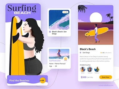 Surfing Instructor App Concept art beach branding clean ui color design exploration girl graphic design illustration ios landscape minimal summer surf app surfboard surfers travel ui vector