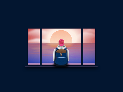 Thinking Cap backpack cap illustration peace playoff sea stickermule sun sunset travel wanderlust window