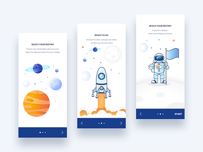 Travel App Onboarding screens android app app design astronaut color design exploration icons illustration onboarding planet space travel ui ux wanderlust