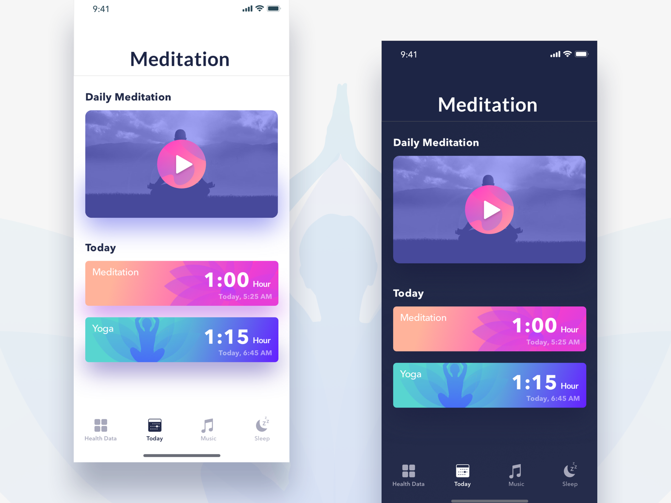 Добавь в плейлист медитация. Дизайн приложения для медитации. Приложение медитация приложение. Daily Yoga Интерфейс приложения. Скриншоты мобильных приложений для медитации.