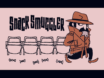 Snack Smuggler WIP candy cartoon concessions mid century modern movie theater movies popcorn secret agent smuggler trench coat