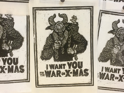 War on X-mas poster blockprint christmas krampus printmaking propaganda propaganda poster relief print uncle sam war on christmas x mas