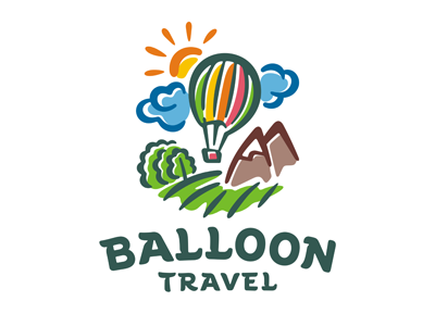 Balloon logo template adventure air balloon clouds doodle drawing flight holiday sky style tourism travel