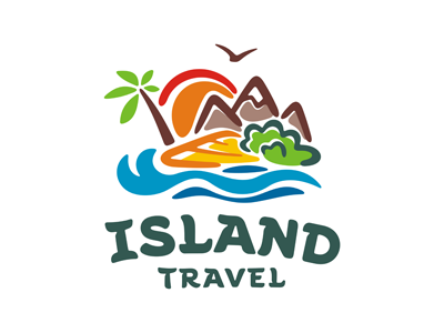 Island logo template adventure beach drawing island ocean palm sea sunset tourism travel tropical wave