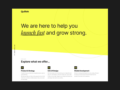 Quillok / Landing branding company company people design developers factory hero landing landing page minimal software ui website yellow