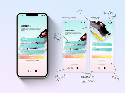 Nike sneakers community sign up/login screens