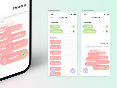 "Thumb scroll" feature in grocery shopping lists accessibility adobexd app concept convenience design elements food fruit gradient graphic design grocery interface items list minimalist reachability shopping ui vegetables
