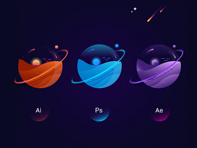 Adobe Planets adobe color galaxy gradient illustration meteor moon planet stars sun vector wave