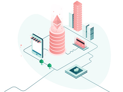 Blockchain bitcoin blockchain buildings card city ethereum illustration isometric mobile shop tree