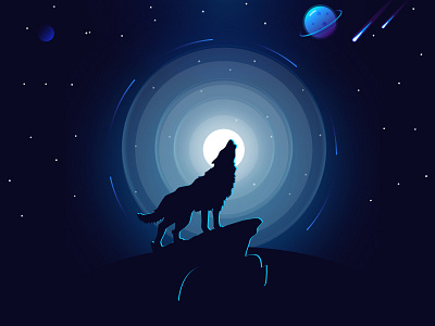 Wolf dark illustration landscape light meteor moon night planet space stars wolf