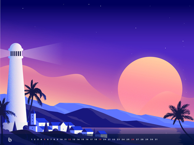 August Calendar calendar house landscape lighthouse mountain palm tree river sky star sun sunrise
