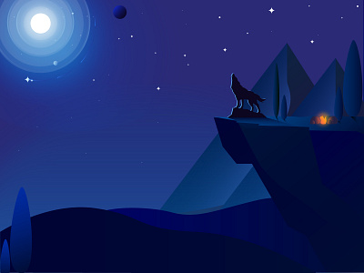 Wolf (Day 12/365) design fire illustration landscape moon mountain night sky star tree vector wolf