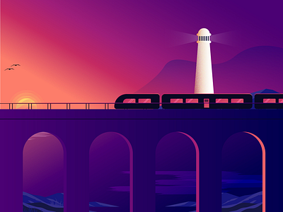 Train (day 15/365) bridge evening illustration light house river sky sun sunset train vector