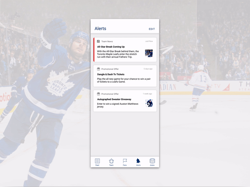 Leafs Alerts alerts animation message message centre messages mobile app new alert new notification notification center notifications product design toronto toronto maple leafs