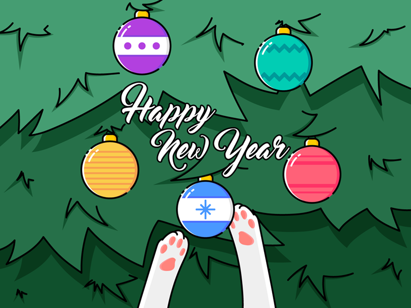 New Year Celebration of the Cat - 2017 2017 christmas ornaments colorful christmas tree christmas ball christmas decorations decoration paw cat celebration new year happy new year