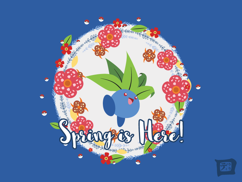 A Pokemon Spring: Oddish green nature blue blossom pokemon go oddish illustration leaves flowers pokeball spring pokemon
