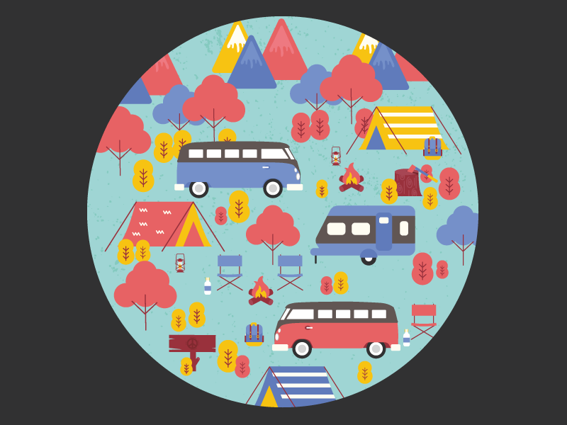 Autumn Camp: Spare Tire Cover Design for VW Bus susam creative client work design illustration vector art beetle day campfire autumn camping volkswagen van volkswagen bus world wide vw beetle day