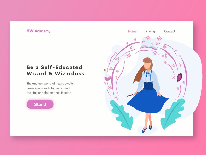 HW Academy Landing Page Illustration magic wizard flat character dungeons and dragons dnd web page vector art ui landing page illustration home