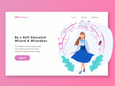 HW Academy Landing Page Illustration character dnd dungeons and dragons flat home illustration landing page magic ui vector art web page wizard