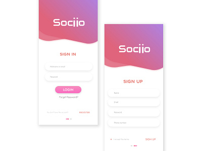 Sociio Signup/Signin app appdesign cards design header icon illustration interaction interactive iphone logo ui uidesign ux vector