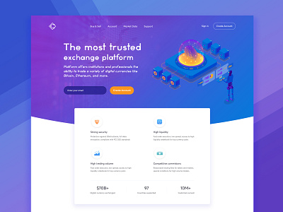 Cryptocurrency exchange platform landing page app appdesign cards crypto currency design flat header illustration interaction interactive landing page typography ui uidesign ux web webdesign website