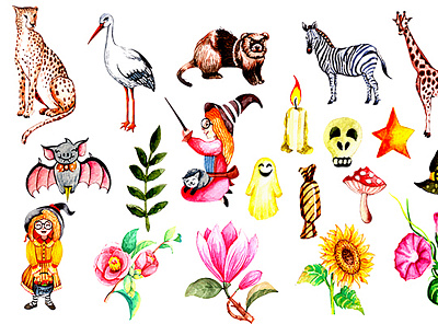 watercolor animals Clipart animation art flowers giraffe gnome herons illustration watercolor zebra