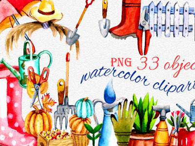 Watercolor Clip Art Blue Gardener Blue Theme Garden Tools art clipart flowers gnome illustration tools watercolor