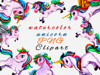 Collection of Isolated cute watercolor unicorns clipart. Nursery clipart collection illustration painting set unicorn watercolor white